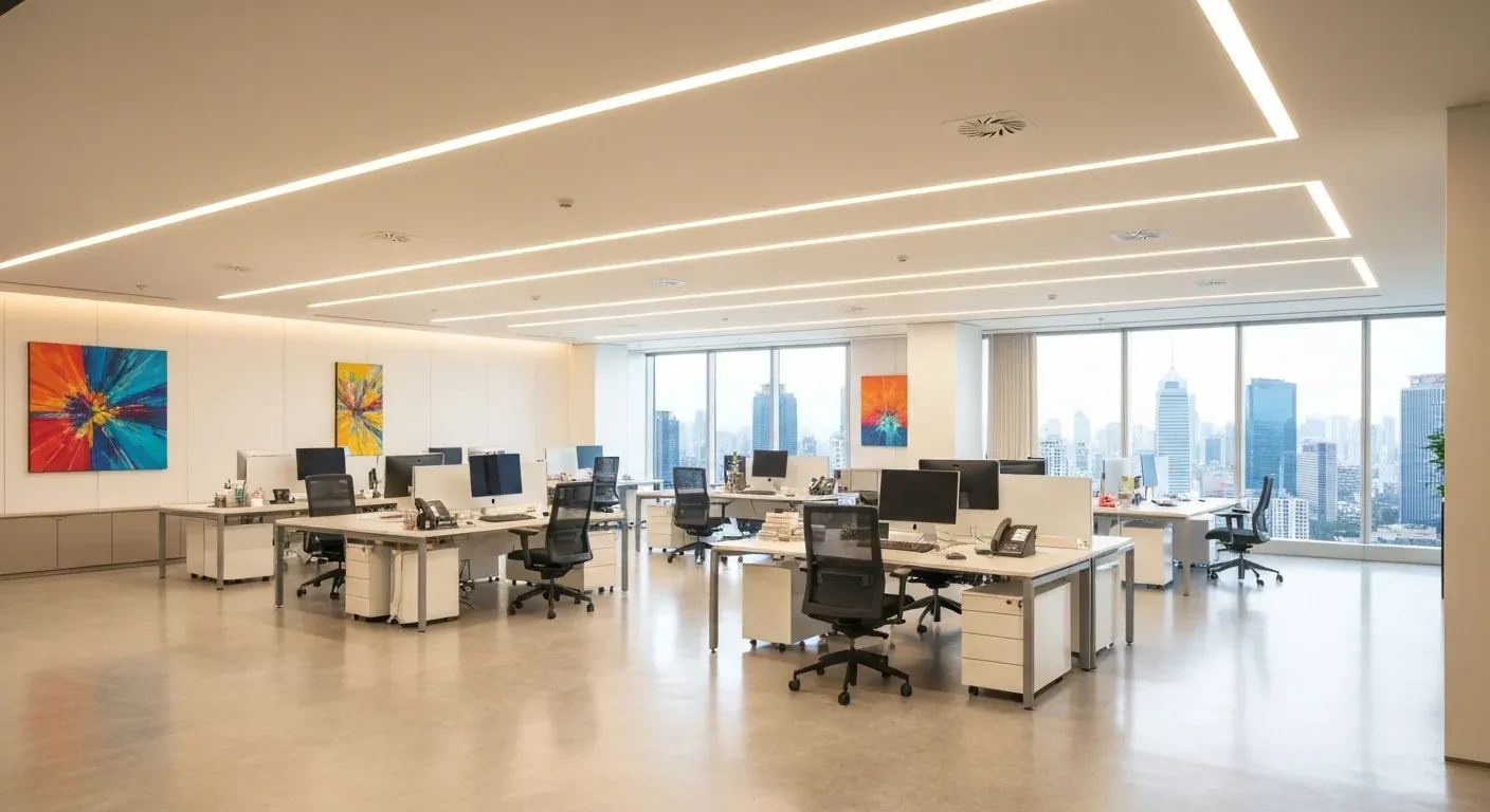 Open-plan office with rows of clean desks and city views